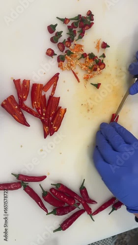 Preparing fresh chili peppers for a spicy dish in a bustling kitchen environment