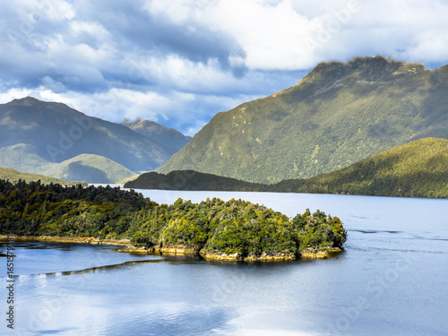 Tranquil Milford Sound fjord featuring a lush green peninsula extending into calm blue waters with majestic mountains and clouds in the background, New Zealand