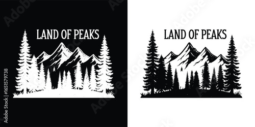 Graphic illustration of a mountain landscape with pine trees and the text land of peaks in a scenic wilderness setting, symbolizing adventure and nature, presented in black and white