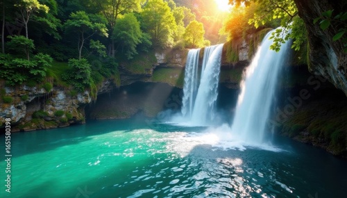 Sunlit waterfall tumbling into turquoise lake, Plitvice , cascade, vibrant
