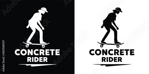 Silhouette of a skateboarder in action, performing a trick with the text concrete rider below, representing urban street sport and lifestyle