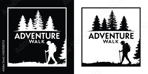 Silhouette of a hiker with a backpack and walking stick, set against a backdrop of trees and the words adventure walk, displayed on black and white backgrounds