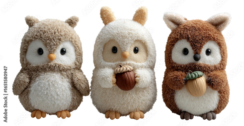 Fototapeta premium Cute and Soft Owl Plush Toys with Acorns on Transparent Background