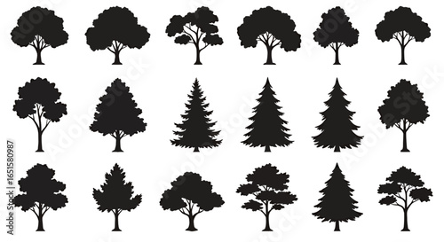 A diverse collection of tree silhouettes in vector format, showcasing various species and shapes, perfect for adding natural elements to graphic designs and illustrations.