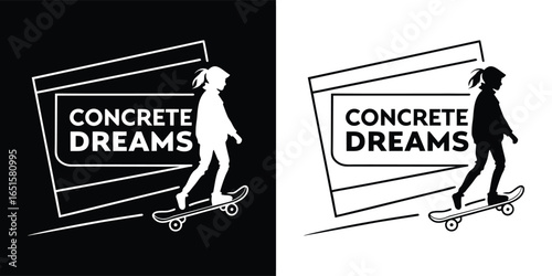 Concrete dreams skateboarding graphic design with a skater performing a trick, black and white illustration, urban sport lifestyle