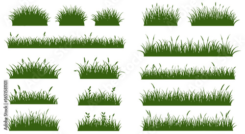 A collection of various green grass clumps and borders in a detailed vector silhouette style, perfect for natural design elements and backgrounds.