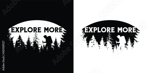 Silhouette of a hiker with a backpack against a backdrop of trees and the text explore more, presented in both black and white versions