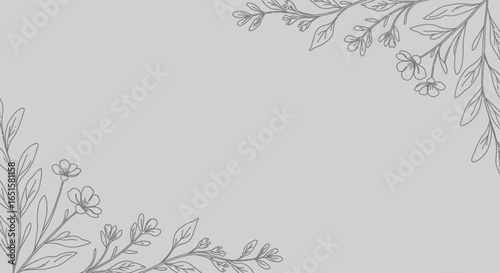 Wallpaper Mural Elegant hand-drawn botanical outline illustration featuring delicate leaves and small flowers forming decorative corner frames on a soft grey background. Torontodigital.ca