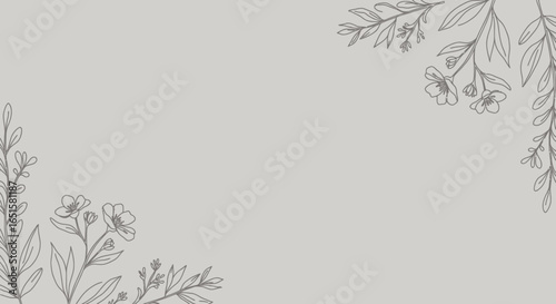 Elegant hand-drawn botanical elements featuring delicate leaves and blooming flowers create a beautiful corner frame on a light background, perfect for decorative designs.