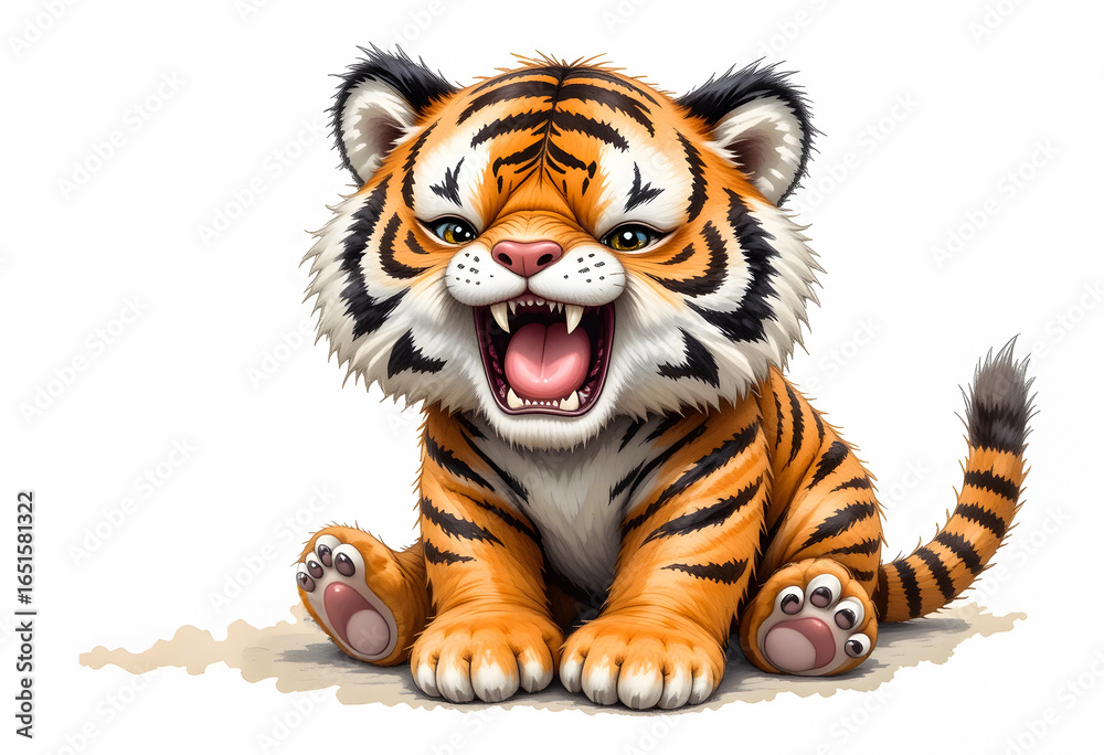 Obraz premium A cute and charming watercolor illustration of a baby tiger doll with a playful open mouth, isolated on a clean white background.