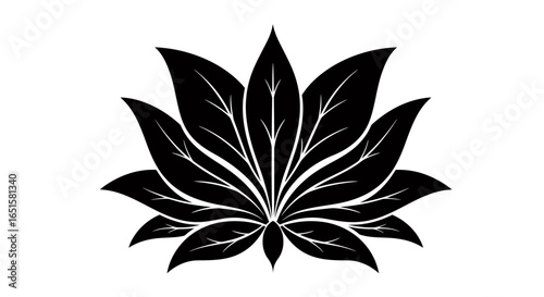 Elegant black and white vector illustration of a stylized lotus flower with detailed leaves, perfect for logos, prints, and digital designs.  High-resolution PNG download available.