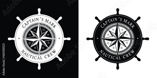 Vintage nautical ship wheel with compass rose, symbolizing navigation, sea travel, and adventure, in a distressed graphic style