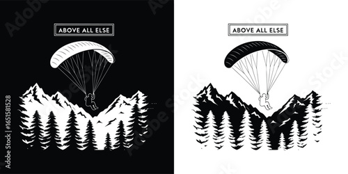 Paraglider descending over a mountainous forest landscape with the text above all rise symbolizing aspiration and elevated experiences
