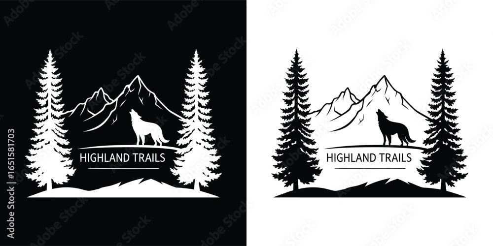 Obraz premium Highland trails logo featuring a howling wolf silhouette against majestic mountains and pine trees, symbolizing wilderness and natures call