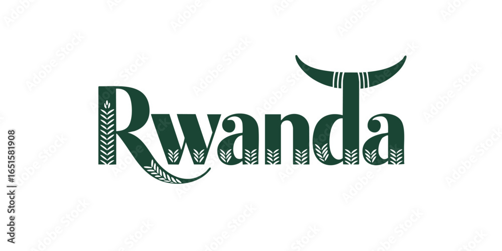 Fototapeta premium Rwanda Logo Design with Traditional Elements, Green Nature Motifs, Cow Horn Symbol, and Ethnic Pattern on Transparent Background