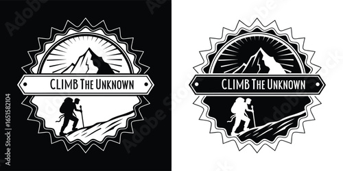 Emblem with the phrase climb the unknown featuring a silhouette of a hiker ascending a mountain, presented in both black and white and white and black versions