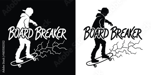 Board breaker skateboarding silhouette in action, isolated on black and white background, representing extreme sport and urban style