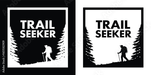 Trail seeker logo with a hiker silhouette and pine trees, representing adventure and exploration in nature, available in black and white versions