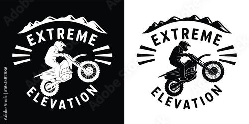 Extreme elevation motocross rider on a dirt bike with mountains in the background, black and white graphic design