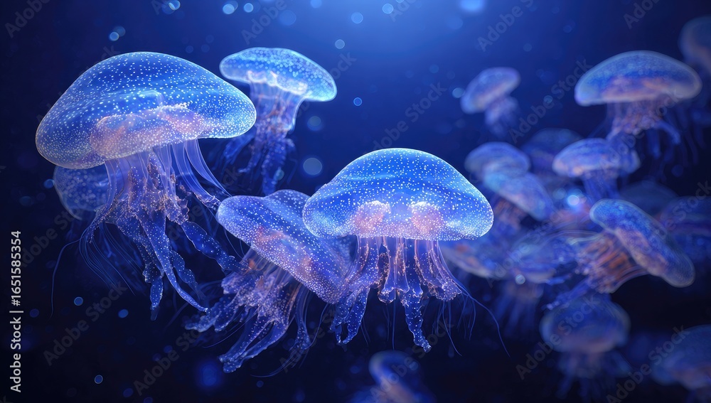Fototapeta premium Jellyfish swarm in deep blue ocean