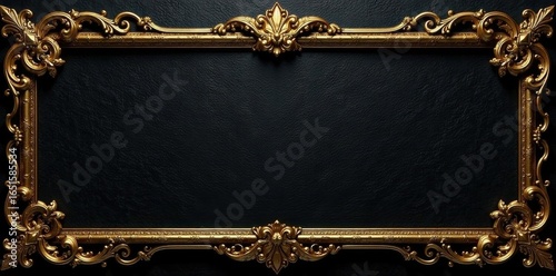 Intricate gold filigree frame, textured black backdrop, photo frame, photography, black