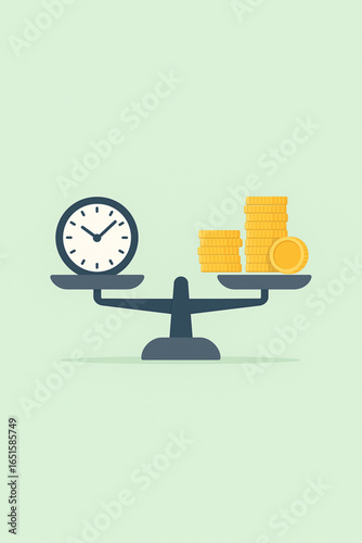 A concept of balance between time and money using a weighing scale. On one side, a clock represents time, while on the other side, stacks of gold coins symbolize money.  