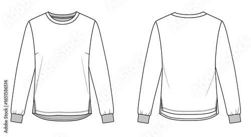 Long sleeve t shirt technical drawing fashion flat sketch illustration isolated on white background