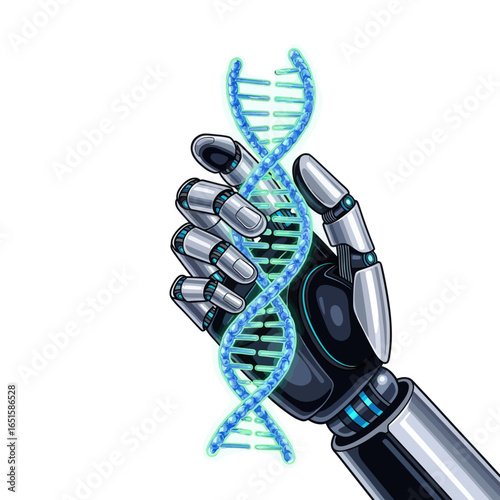 A robotic hand holds a glowing, stylized double helix DNA strand against a white background.