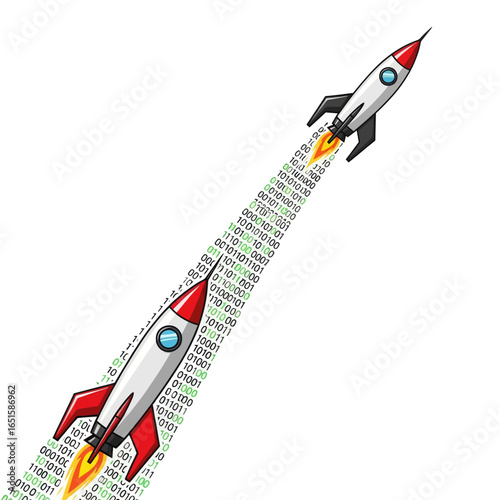Two rockets launching, leaving trails of digital code, symbolizing rapid technological advancement or startup growth.