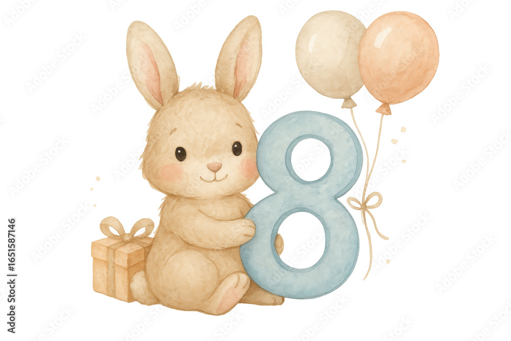 Obraz premium Watercolor bunny embracing numeral eight, accompanied by festive balloons and gift, celebrating childhood milestone on transparent backdrop