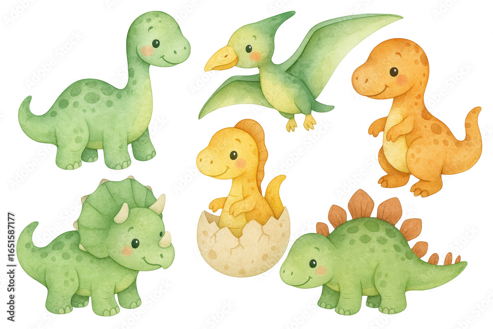 Naklejka premium Colorful watercolor illustration of cartoon dinosaursbrontosaurus, pterodactyl, t rex, triceratops, hatching baby, stegosaurusagainst transparent backdrop