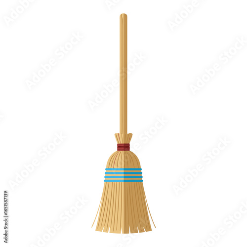 Illustration of a traditional broom with straw bristles and a wooden handle standing vertically on a plain white background