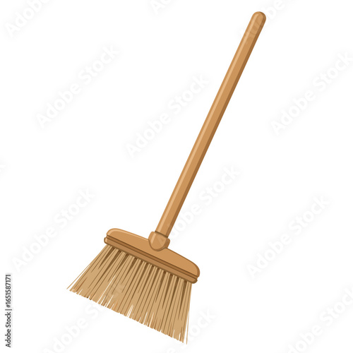 An illustration of a cleaning tool with a wooden handle and beige bristles on a white background