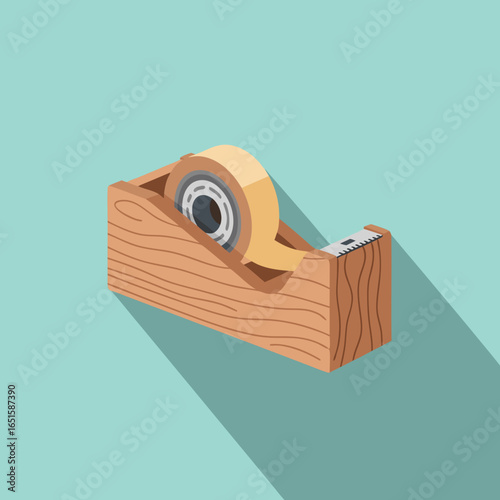 Desk necessity: A wooden tape dispenser with a roll of light brown tape for packaging or crafts tape stand office item stationery tool device object