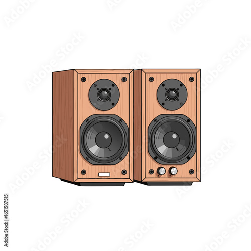 Pair of Wooden Loudspeakers Depicting Vintage Audio Equipment, Isolated on White, Displaying Classic Design Elements