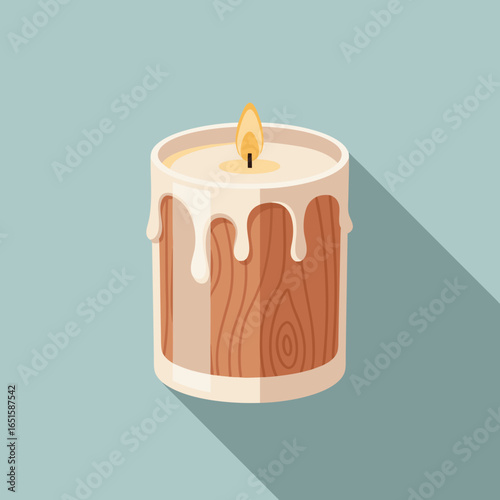 Artistic depiction of a burning candle with melted wax on blue background illustration
