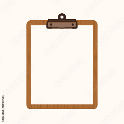 Simple wooden clipboard illustration with blank white paper for writing notes or data visualization purposes