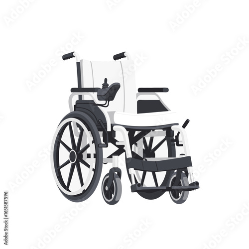 Illustration of motorized wheelchair in white and black providing mobility assistance and independence for users 50 to 100 characters