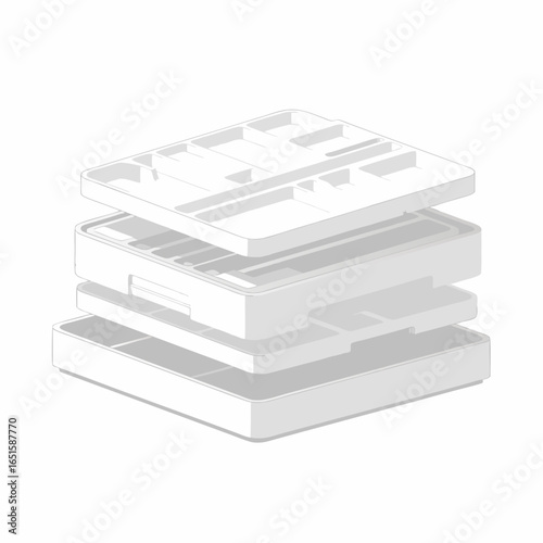Deconstructed organizer revealing layered compartments and sections for efficient storage solution system visually isolated against bright white