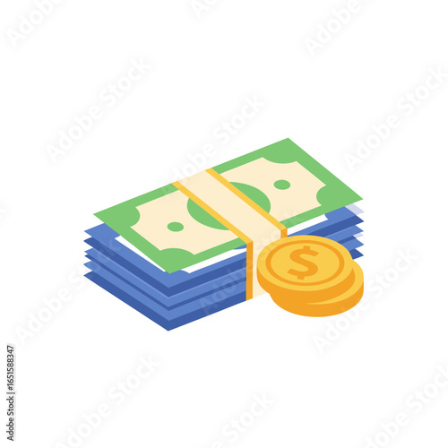 Isometric illustration depicting financial prosperity with stacked currency and coins for business use