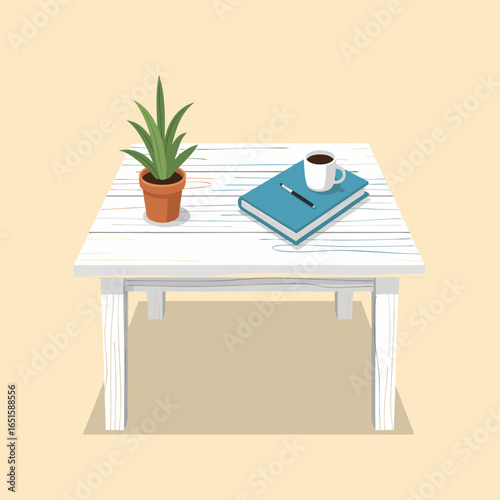 Serene Workspace: Minimalist Desk Setup with Plant, Notebook, and Warm Coffee Moment for Creative Mind