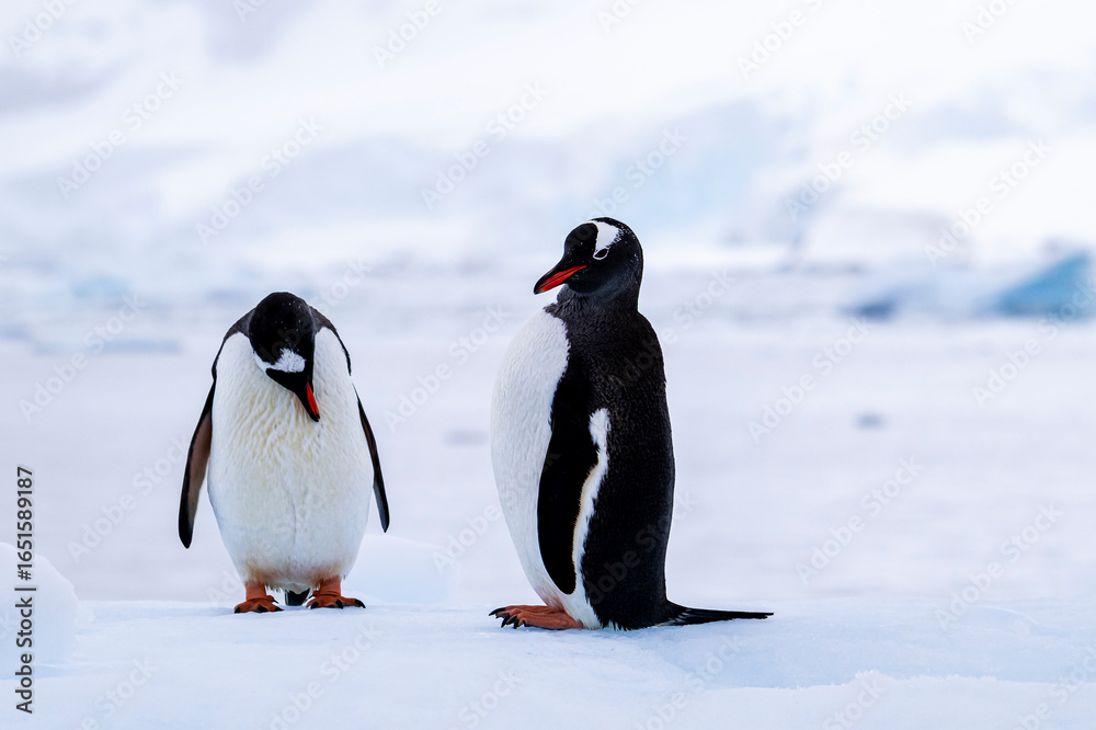 Fototapeta premium Gentoo penguin behavior on Iceberg in Antarctica