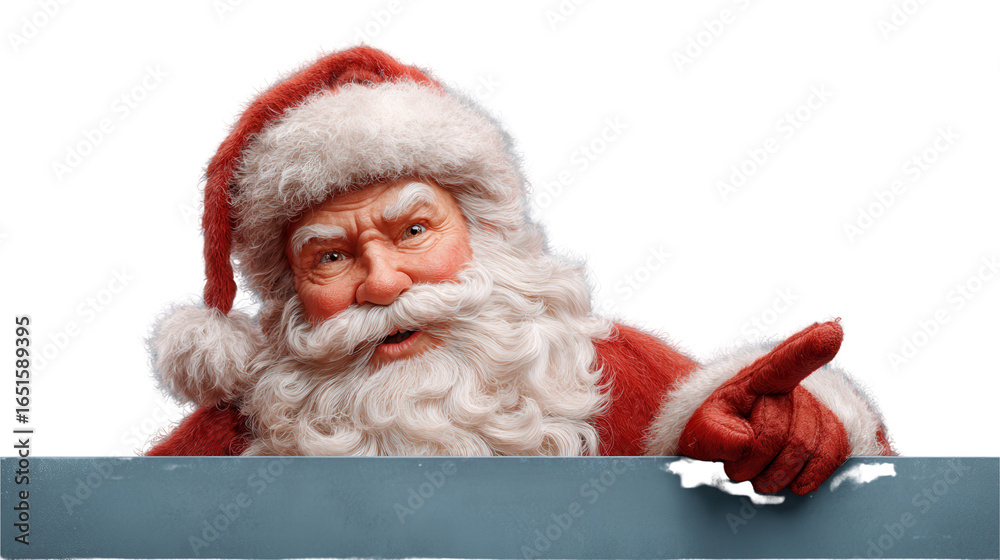 Naklejka premium Cheerful Santa Claus with Fluffy Beard Pointing Over Blue Sign