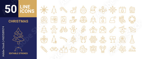 50 Christmas Line Icons Collection. Holiday Symbols and Outline Xmas Set with Editable Stroke