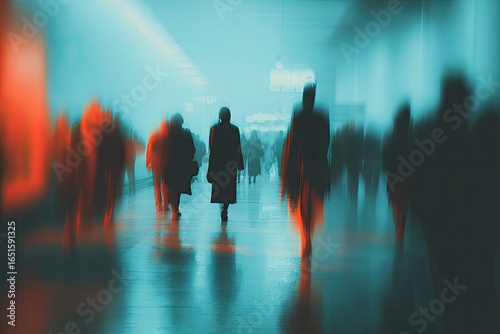 Blurred figures in a crowded hallway