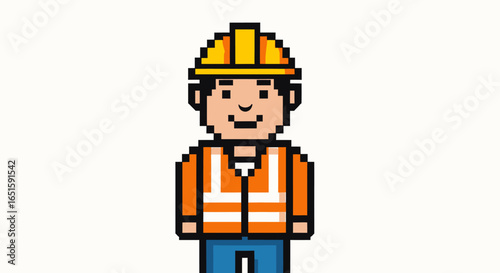 Pixelated Construction Worker Illustration in Orange Vest and Hard Hat