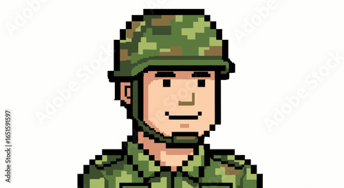 Pixelated Portrait of a Soldier in Camouflage Uniform and Helmet