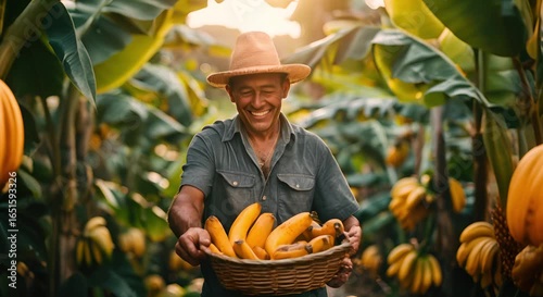 A Man Smiles as He Holds a Basket of Blue Bananas in a Banana Plantation