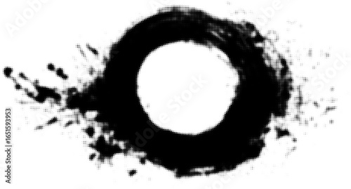 Circular black and white ink blot with splattered edges, conceptual art