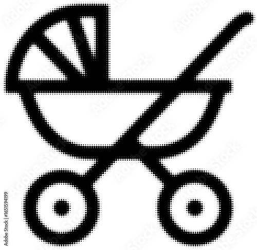 Black and white line art of baby stroller, minimal design